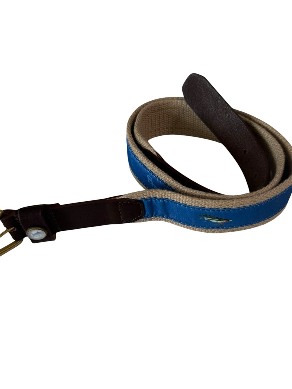 Southern Tide‎ Mens Fly Fishing Lure Ribbon Canvas Leather Belt Blue Tan Size 38
